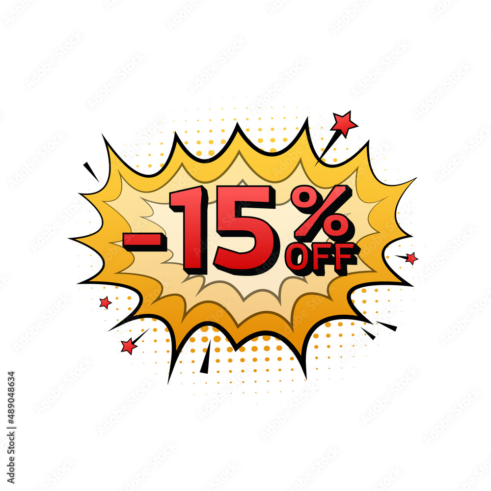Comic speech bubbles with 15 percent OFF Sale Discount . Neon itch icon. Symbol, sticker tag, special offer label, advertising badge. Vector stock illustration Comic speech bubbles with 15 percent OFF Sale Discount . Neon itch icon. Symbol, sticker tag, special offer label, advertising badge. Vector stock illustration