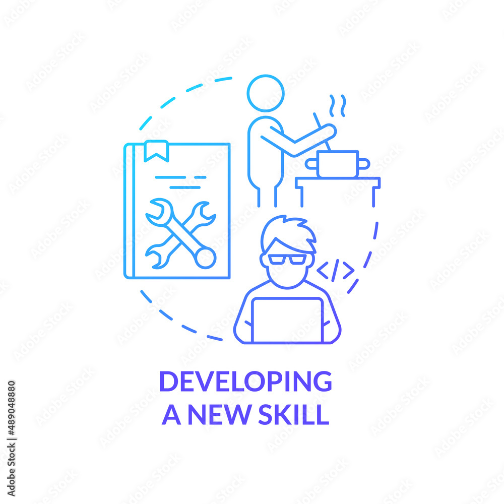 Developing new skill blue gradient concept icon. Hobby and career. Lifelong learning examples abstract idea thin line illustration. Isolated outline drawing. Myriad Pro-Bold fonts used Developing new skill blue gradient concept icon. Hobby and career. Lifelong learning examples abstract idea thin line illustration. Isolated outline drawing. Myriad Pro-Bold fonts used