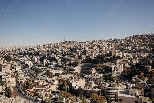 Aerial view of the city of Amman. View of modern Amman. Roman theater in Amman. Jordan