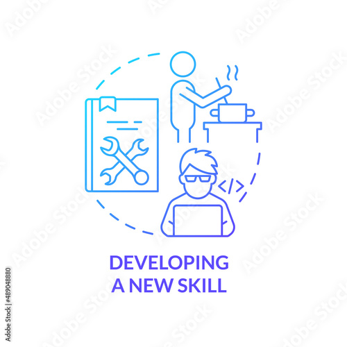 Developing new skill blue gradient concept icon. Hobby and career. Lifelong learning examples abstract idea thin line illustration. Isolated outline drawing. Myriad Pro-Bold fonts used