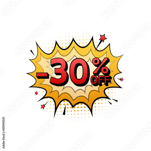 Comic speech bubbles with 30 percent OFF Sale Discount . Neon itch icon. Symbol, sticker tag, special offer label, advertising badge. Vector stock illustration
