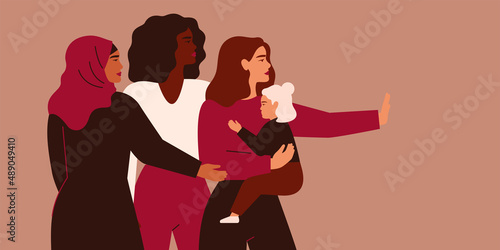 Women support young mother who holds child at the hands. Female community help and care about single moms with children. Social Aid for safe motherhood Concept. Vector illustration