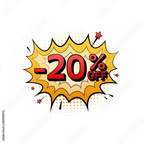 Comic speech bubbles with 20 percent OFF Sale Discount . Neon itch icon. Symbol, sticker tag, special offer label, advertising badge. Vector stock illustration