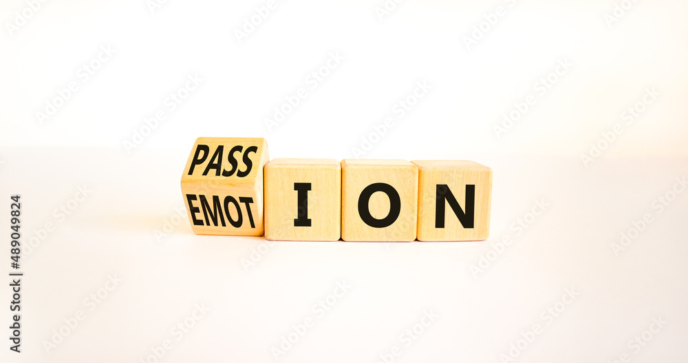 Passion or emotion symbol. Turned wooden cubes and changed the word Emotion to Passion. Beautiful white table, white background, copy space. Business, passion or emotion concept. Passion or emotion symbol. Turned wooden cubes and changed the word Emotion to Passion. Beautiful white table, white background, copy space. Business, passion or emotion concept.