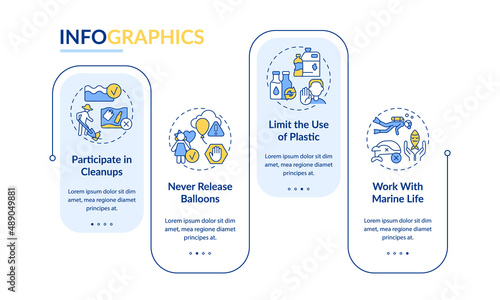 Save ocean from pollution rectangle infographic template. Limit plastic. Data visualization with 4 steps. Process timeline info chart. Workflow layout with line icons. Lato-Bold, Regular fonts used