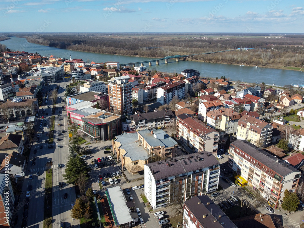 Aerial drone view of Brcko. Brčko is a town in northern Bosnia and Herzegovina. River Sava. Buildings, streets and houses. 