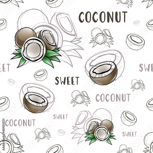 Vector fruit pattern with coconut illustration, colorful design and outlines without background