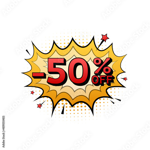 Comic speech bubbles with 50 percent OFF Sale Discount . Neon itch icon. Symbol, sticker tag, special offer label, advertising badge. Vector stock illustration