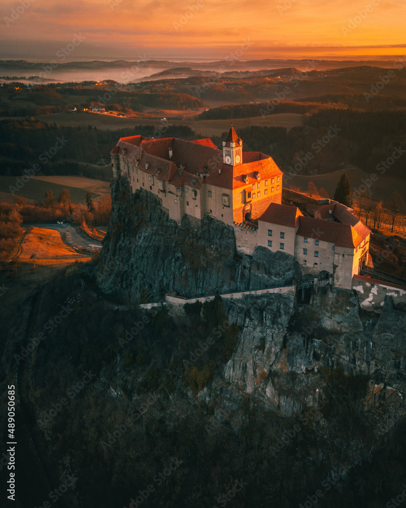 Castle Riegersburg in Austria Styria Aerial View during Sunset Castle Riegersburg in Austria Styria Aerial View during Sunset