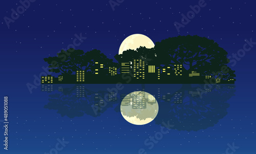 Vector illustration of silhouette of night city street with light window and bridge on dark blue sky background with cloud and shine full moon.