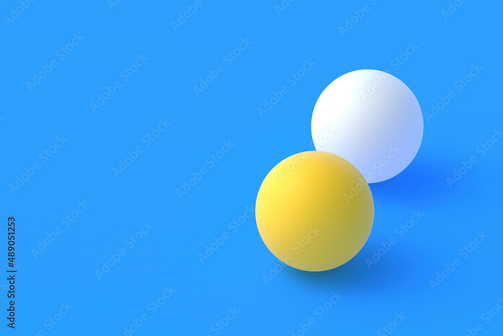Ping pong balls on blue background. Leisure games. International competitions. Sports Equipment. Table tennis. Copy space. 3d render Ping pong balls on blue background. Leisure games. International competitions. Sports Equipment. Table tennis. Copy space. 3d render