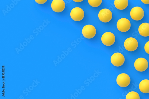 Table tennis. Leisure games. International competitions. Sports Equipment. Scattered ping-pong balls on blue background. Flat lay. Copy space. 3d render