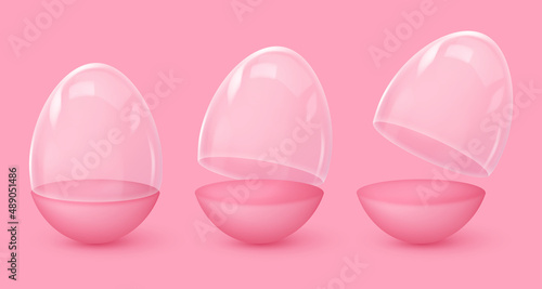 Opened glossy pink eggs, boxes, cases with stand, bottom half, glass dome and label, sticker. Happy Easter poster. Vector illustration for party, design, flyer, banner, web, advertising.