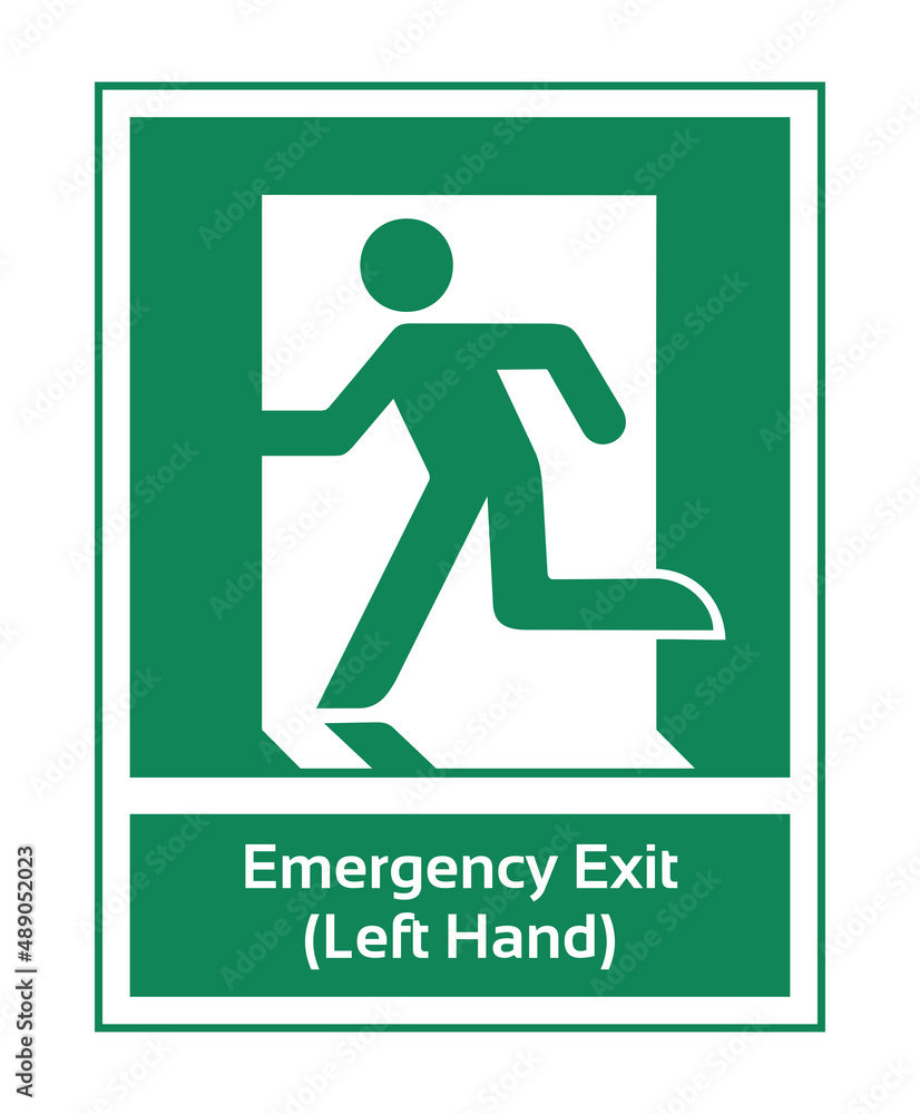 Emergency Exit Left Hand. Safe Condition Sign. ISO 7010 Sign. Safety Poster Sign for Factory. Emergency Exit Left Hand. Safe Condition Sign. ISO 7010 Sign. Safety Poster Sign for Factory.
