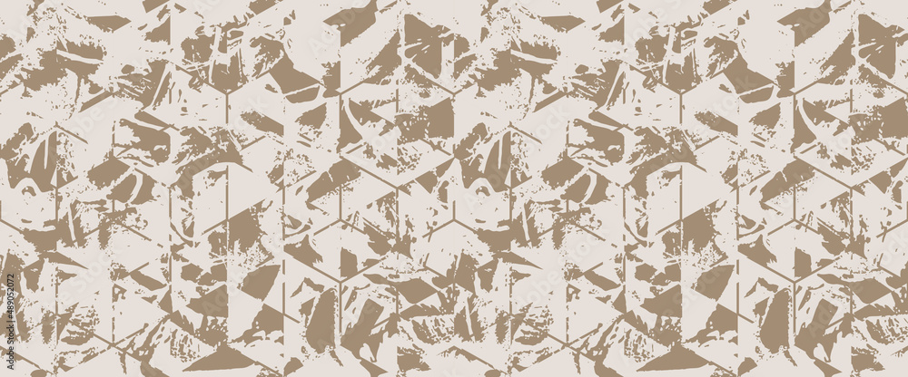 Grunge strokes geometrical cube camouflage print, modern fashion design. Paint hexagon camo military pattern. Army uniform. Vector seamless urban texture
