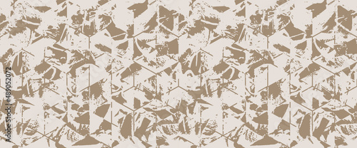 Grunge strokes geometrical cube camouflage print, modern fashion design. Paint hexagon camo military pattern. Army uniform. Vector seamless urban texture