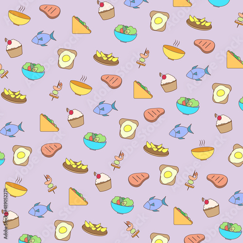 pattern of food line icons on blue purple