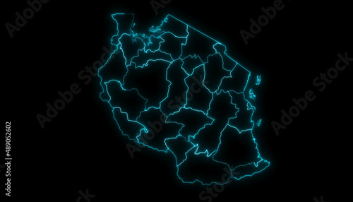 Outline Map of Tanzania with Regions in Black Background