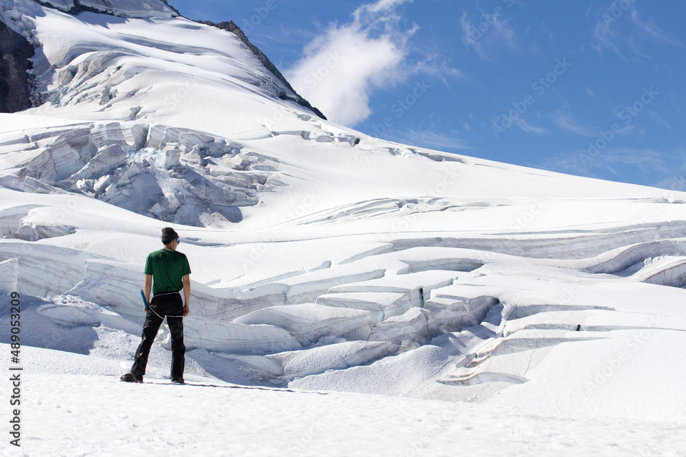 mountaineer in summer on glacier