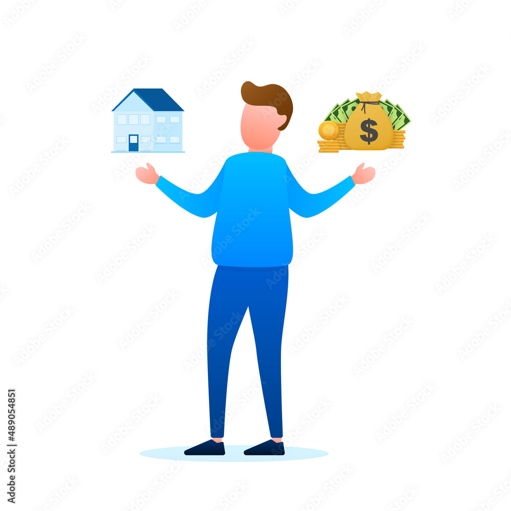 Man choosing between two options money and house. Vector stock illustration Man choosing between two options money and house. Vector stock illustration