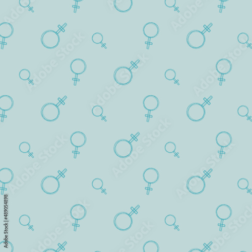 Vector seamless pattern with blue venus symbols on white background for women's day.	