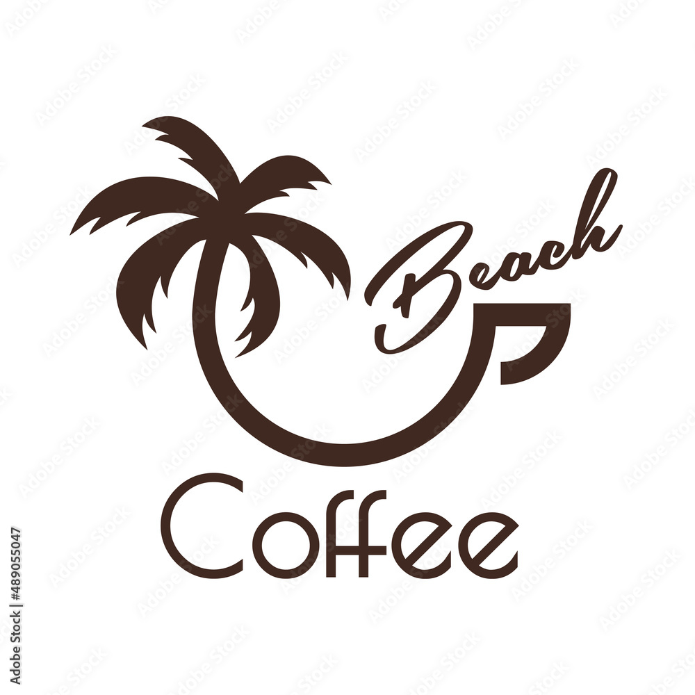 Coffee Shop. Beach bar. Logotipo con texto Coffee Beach con silueta de taza de café lineal con palmera en color marrón