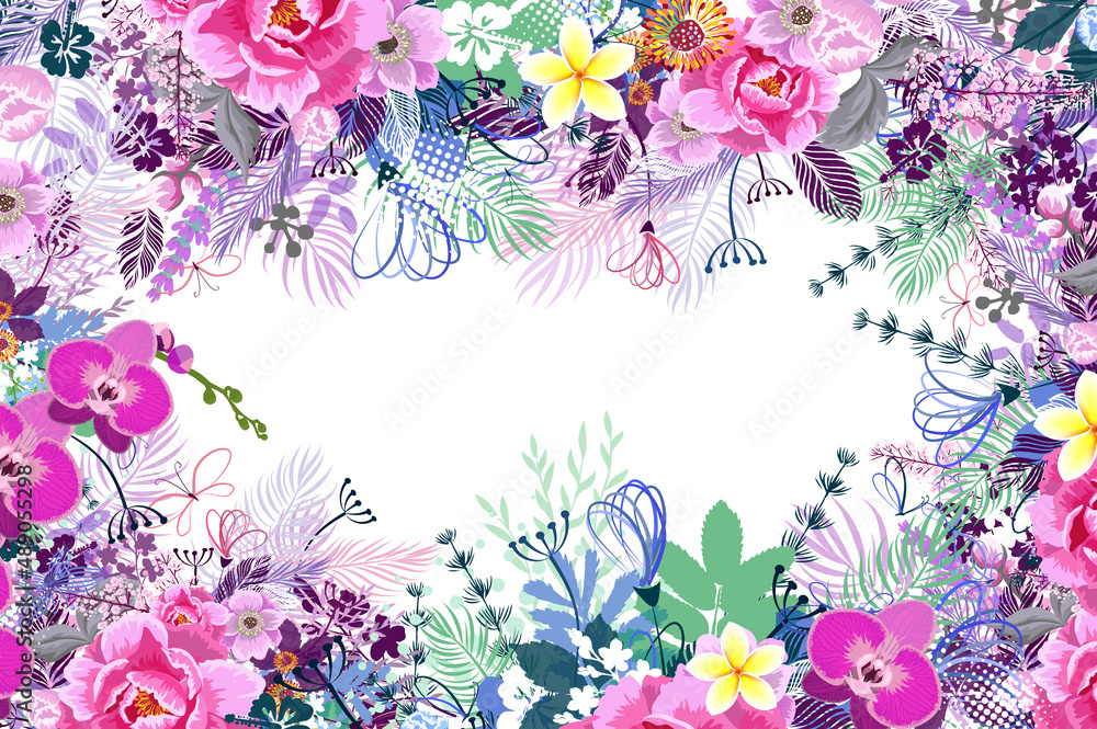 Colorful frame border with different blooming meadow flowers. Natural background with a place for text. Elegant floral card. Vector illustration
