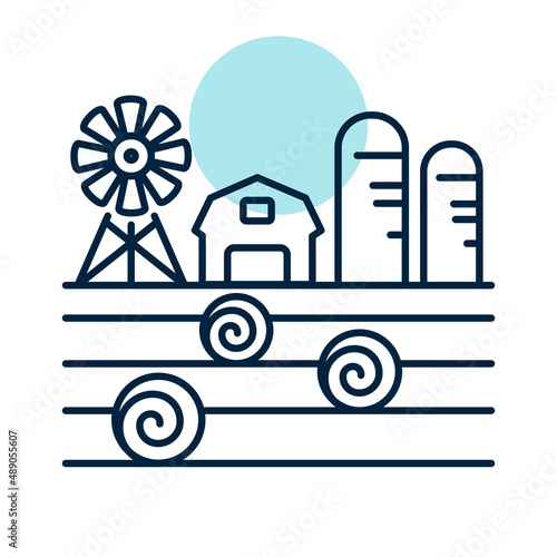 Farm landscape with barn, haystack and granary