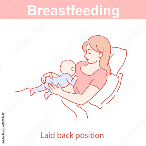 Breastfeeding laid back position. Woman feeding baby