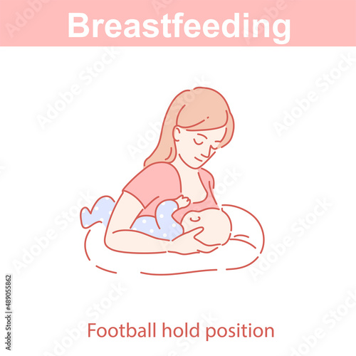 Breastfeeding football hold position. Woman feeding baby