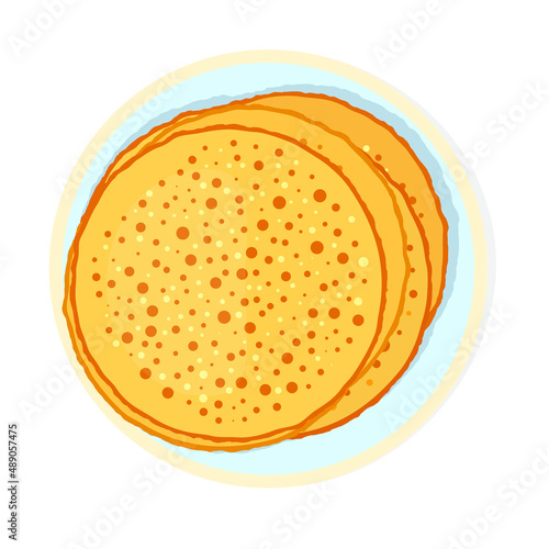 Many thin pancakes on a plate top view. Vector illustration, flat cartoon color design, isolated on white background, eps 10.