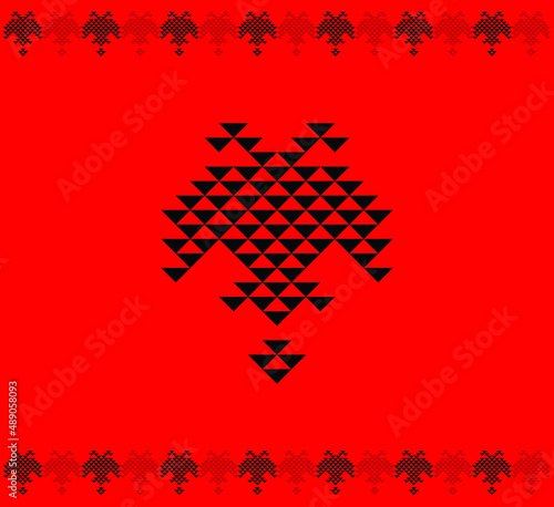 Albanian black eagle in red background, flag, folk ornaments