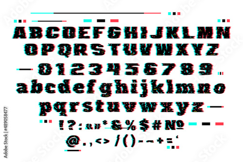 Set of letters, numbers and punctuation in glitch style. Modern pixel font.