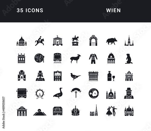 Wien. Collection of perfectly simple monochrome icons for web design, app, and the most modern projects. Universal pack of classical signs for category Countries and Cities.