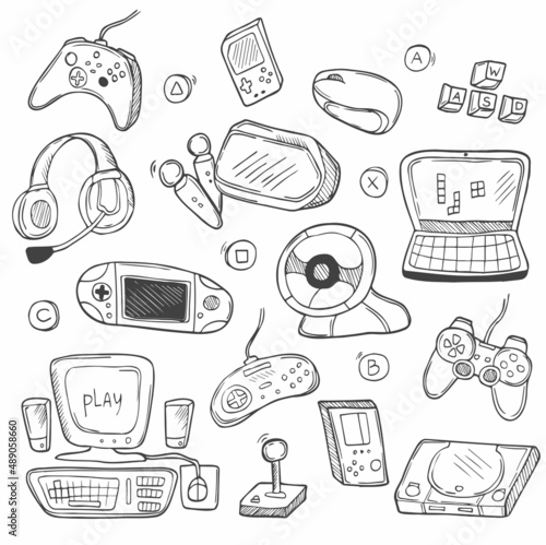 Video Games Computer Player Doodle Icons Sketch. Hand drawn Design Vector photo