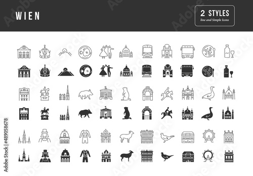 Wien. Collection of perfectly simple monochrome icons for web design, app, and the most modern projects. Universal pack of classical signs for category Countries and Cities.