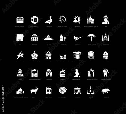 Wien. Collection of perfectly simple monochrome icons for web design, app, and the most modern projects. Universal pack of classical signs for category Countries and Cities.