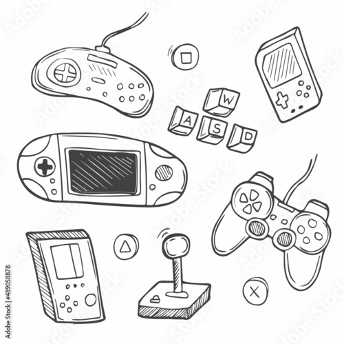 Set of video game in doodle style. Computer games line vector