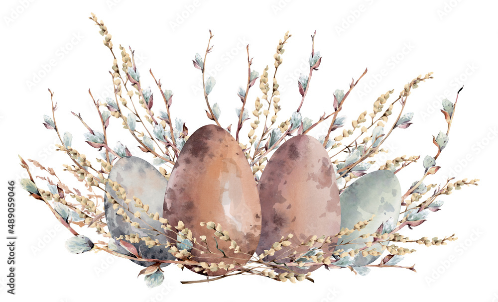 Composition of willow twigs, yellow spring flowers and colorful Easter eggs. Hand drawn in watercolor on a white background. For Easter cards and holiday design. Composition of willow twigs, yellow spring flowers and colorful Easter eggs. Hand drawn in watercolor on a white background. For Easter cards and holiday design.