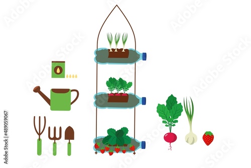 Ilustración vectorial del reciclado y la reutilización. Botellas recicladas de plástico utilizadas para plantar semilleros, rábano, fresa, ajo. Jardinería vertical. Reducción de residuos