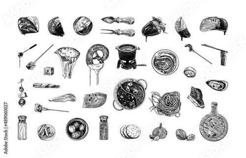 Collection of monochrome illustrations of fondue in sketch style. Hand drawings in art ink style. Black and white graphics.