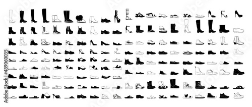 Collection of shoes of different types. Black and white icons of women's and men's shoes on a white background.