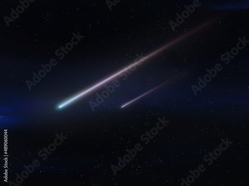 Two meteorites fly in the night sky. Bright meteors glow in the atmosphere. Beautiful shooting stars. 
