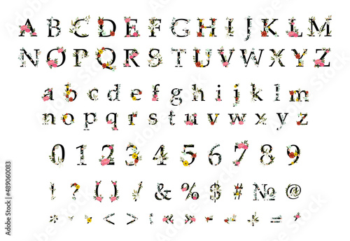 Collection of letters, numbers and punctuation decorated with flowers and leaves. Spring blooming font.