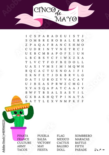 Cinco de Mayo word search puzzle.  Federal holiday in Mexico. Logic game crossword. Festive worksheet printable. School party activity card. 