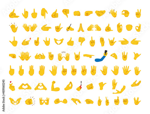 Collection of yellow emoticons with various hand gestures. Emoji for messengers.