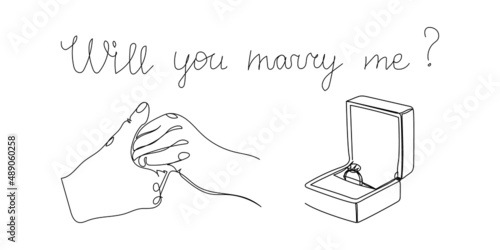 Will you marry me one line art. Continuous line drawing of lovers hold hands, propose, box with an engagement ring.