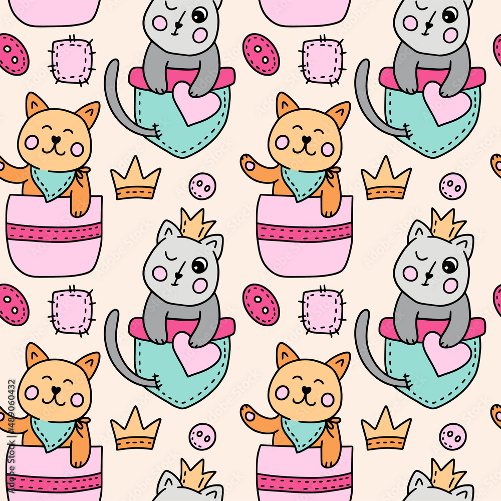 Cute cat in pocket kids seamless pattern, baby animal illustration background