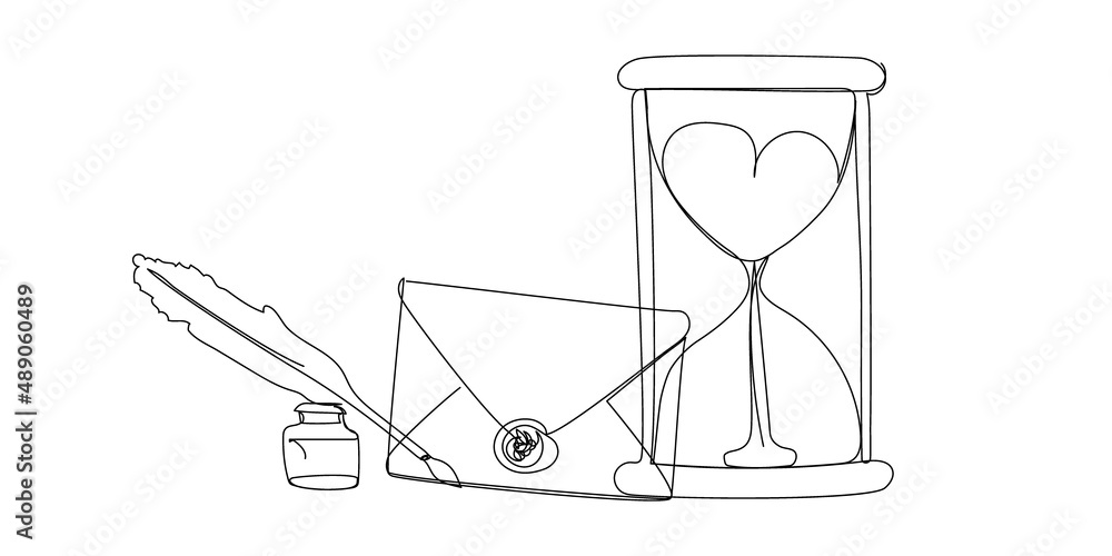 Letter with inkwell, feather, hourglass continuous line drawing. One line art of envelope, antique, romantic, 14 february, heart, relationships, envelope. Letter with inkwell, feather, hourglass continuous line drawing. One line art of envelope, antique, romantic, 14 february, heart, relationships, envelope.