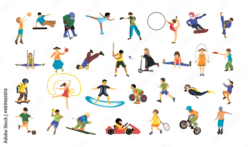 Collection of illustrations with children doing different sports.